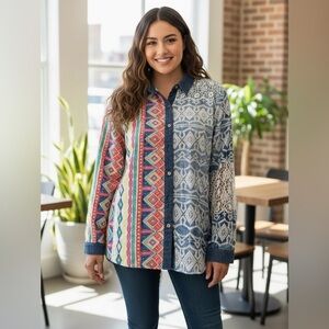 John Mark Multicolor Patterned Button-Up Top Embroidered and Lace Sleeves